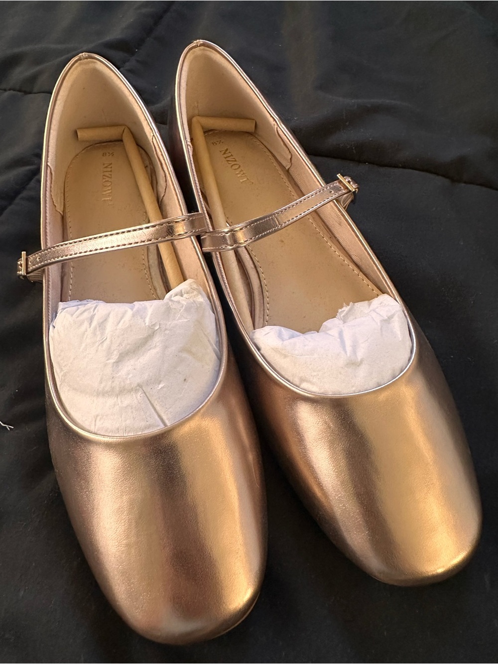 Women’s Metallic Rose Gold Mary Jane Flats with Buckle Strap